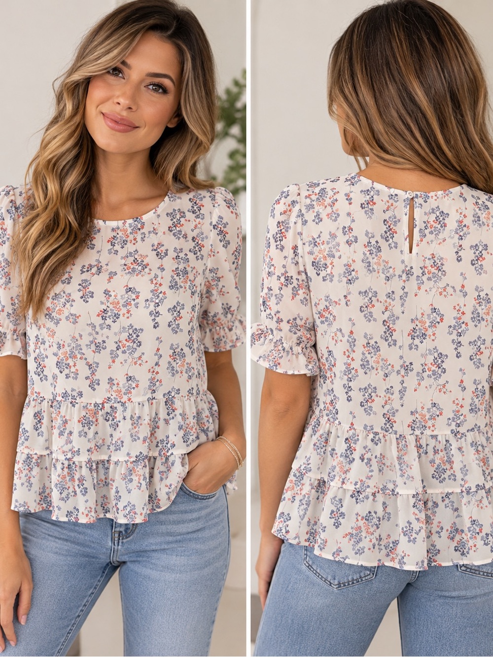 Paper Crane Floral Ruffle Tiered Blouse White Blue Red Size Large